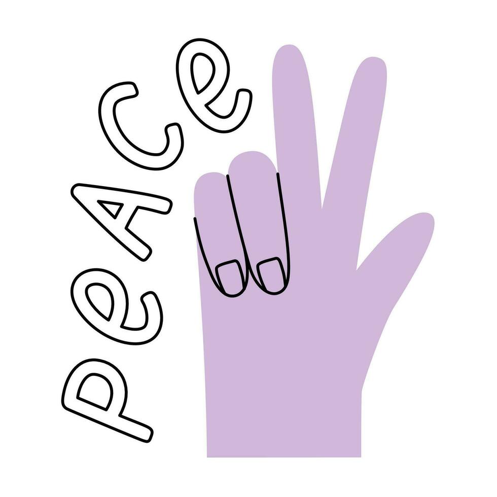 Modern lilac sticker with hand gesture and peace messege.Vector illustration in a cute flat style vector