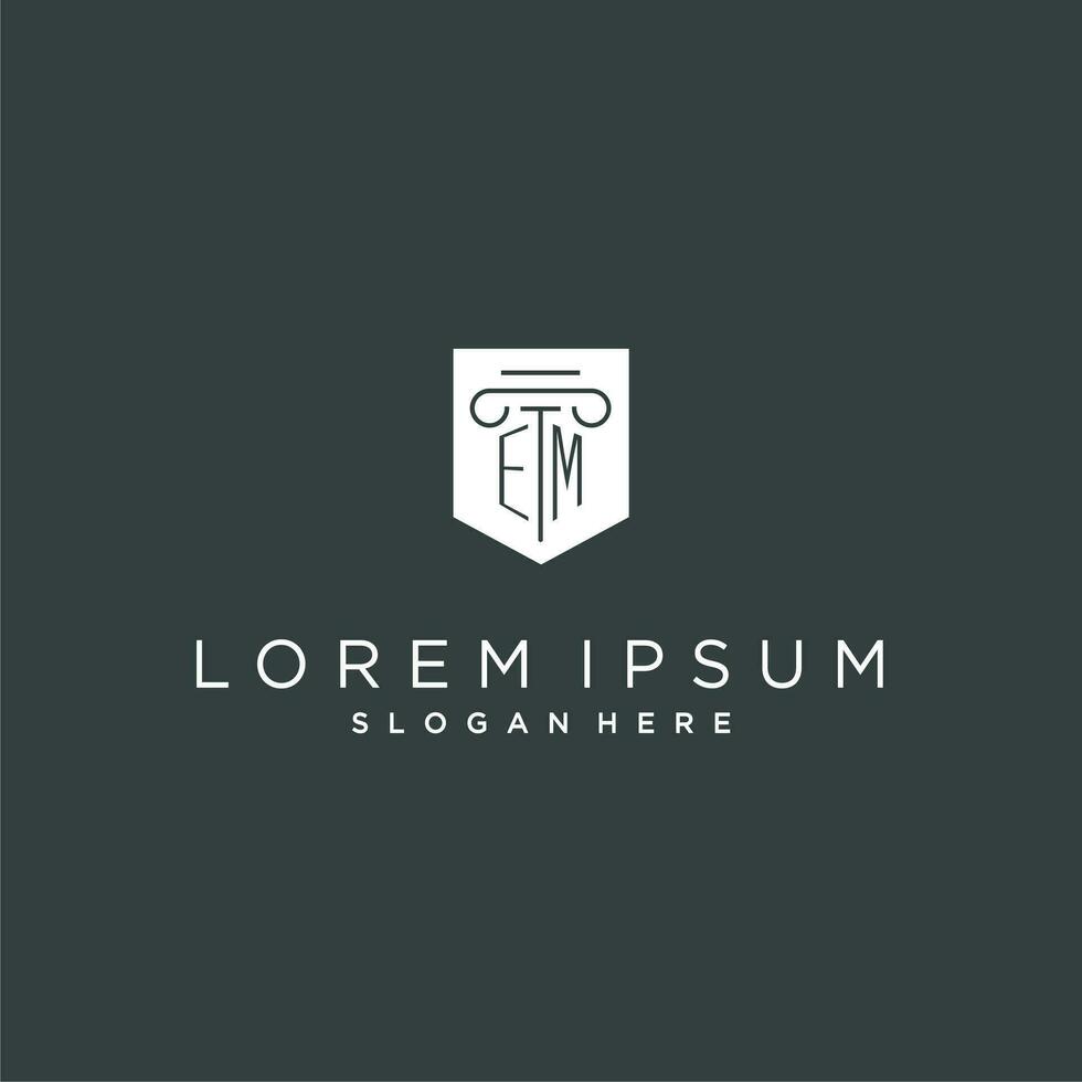 EM monogram with pillar and shield logo design, luxury and elegant logo for legal firm vector