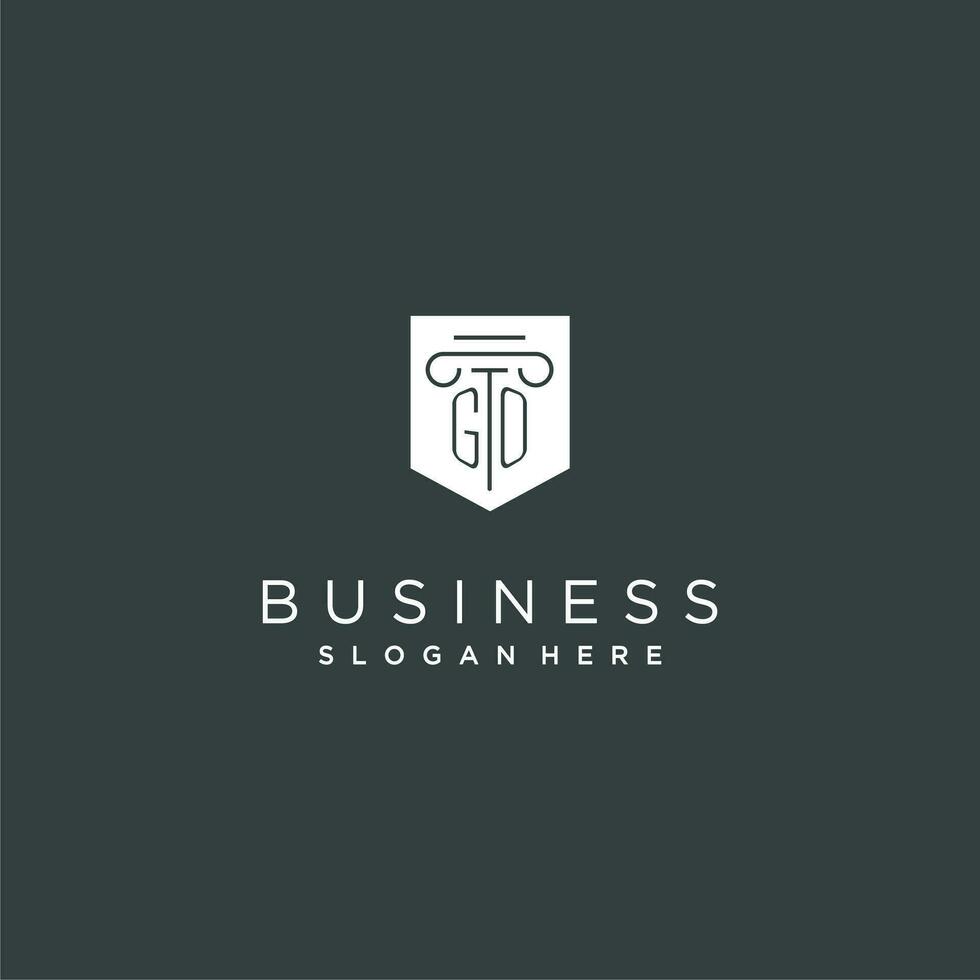 GO monogram with pillar and shield logo design, luxury and elegant logo for legal firm vector