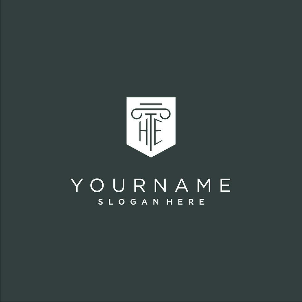 HE monogram with pillar and shield logo design, luxury and elegant logo for legal firm vector