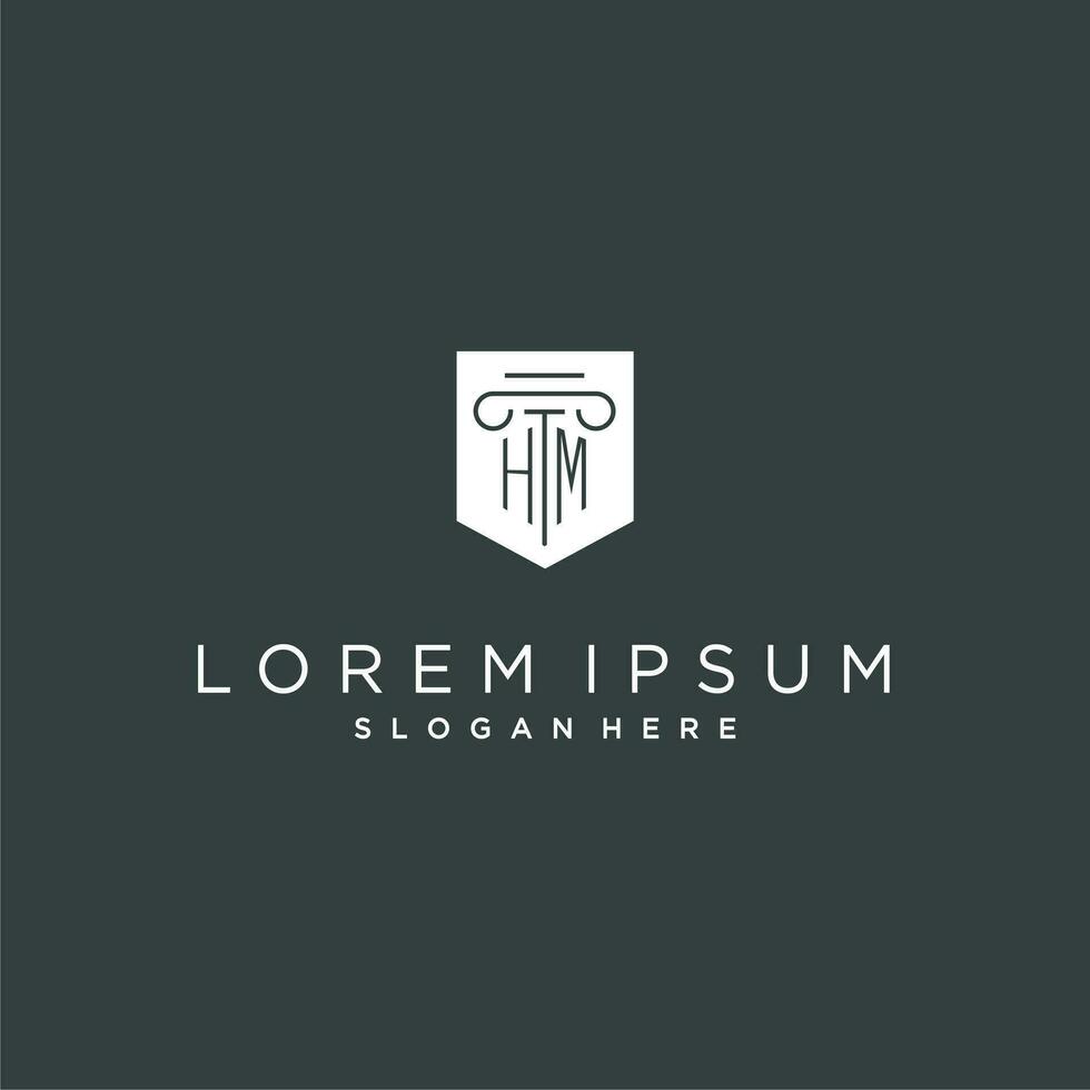 HM monogram with pillar and shield logo design, luxury and elegant logo for legal firm vector