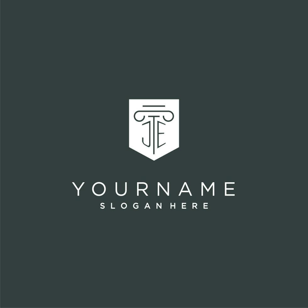 JE monogram with pillar and shield logo design, luxury and elegant logo for legal firm vector