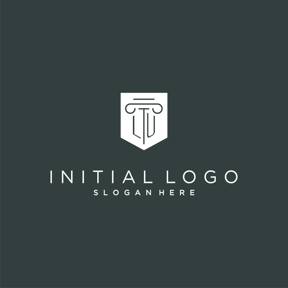 LU monogram with pillar and shield logo design, luxury and elegant logo for legal firm vector