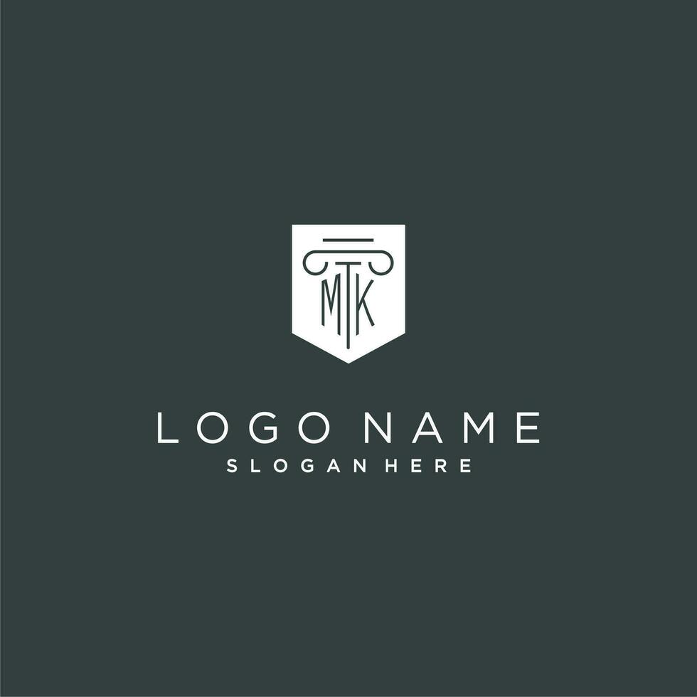 MK monogram with pillar and shield logo design, luxury and elegant logo for legal firm vector