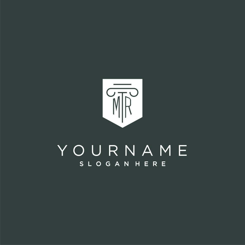 MR monogram with pillar and shield logo design, luxury and elegant logo for legal firm vector