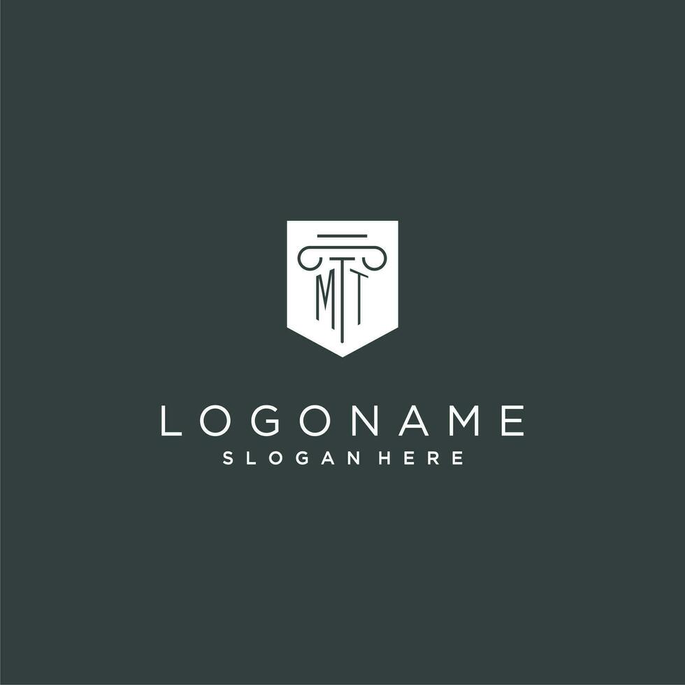 MT monogram with pillar and shield logo design, luxury and elegant logo for legal firm vector