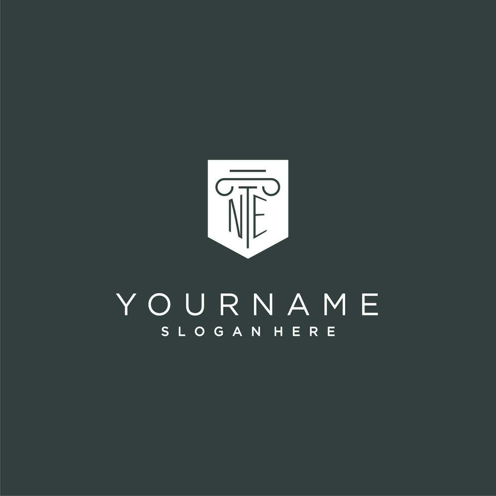 NE monogram with pillar and shield logo design, luxury and elegant logo for legal firm vector