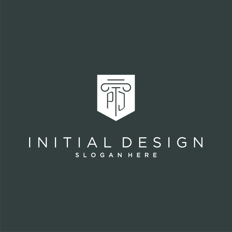 PJ monogram with pillar and shield logo design, luxury and elegant logo for legal firm vector