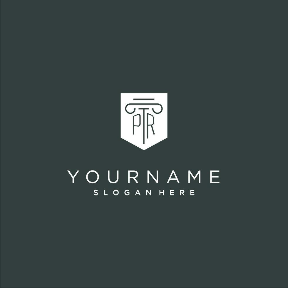 PR monogram with pillar and shield logo design, luxury and elegant logo for legal firm vector