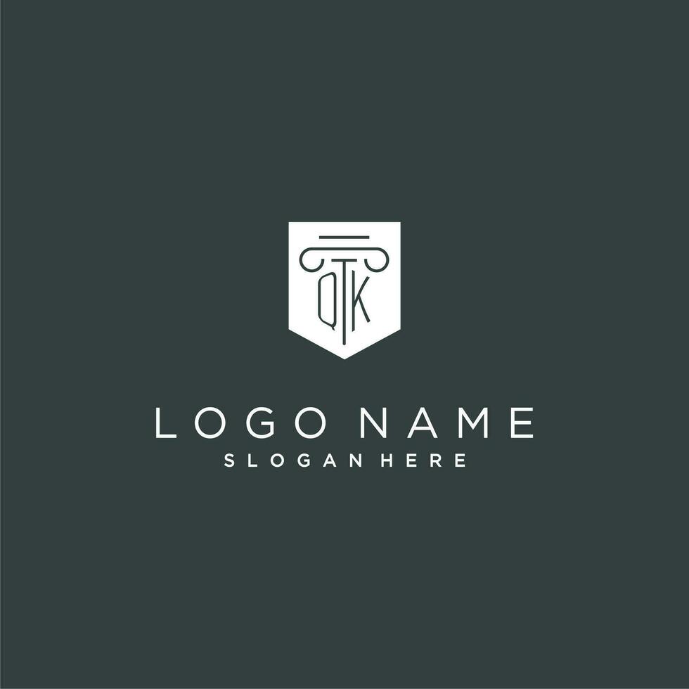 QK monogram with pillar and shield logo design, luxury and elegant logo for legal firm vector