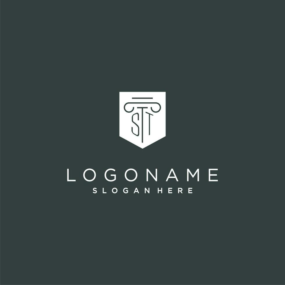 ST monogram with pillar and shield logo design, luxury and elegant logo for legal firm vector