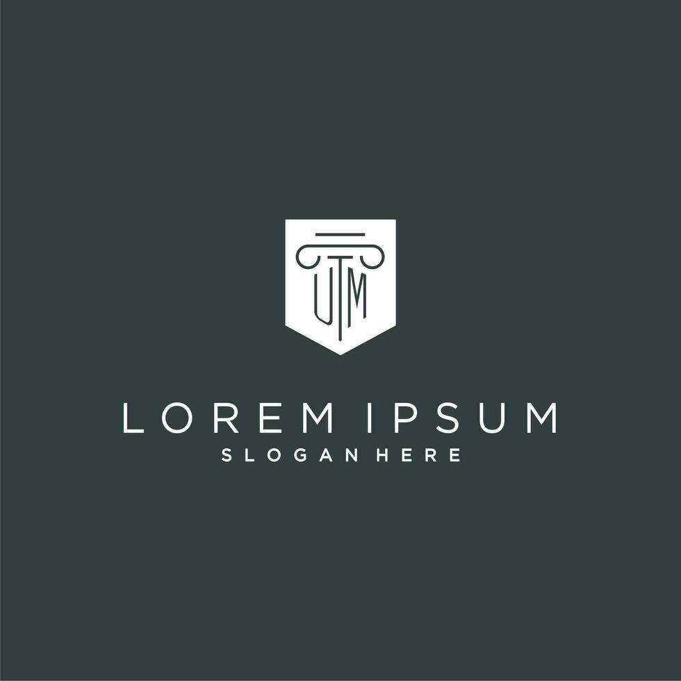 UM monogram with pillar and shield logo design, luxury and elegant logo for legal firm vector