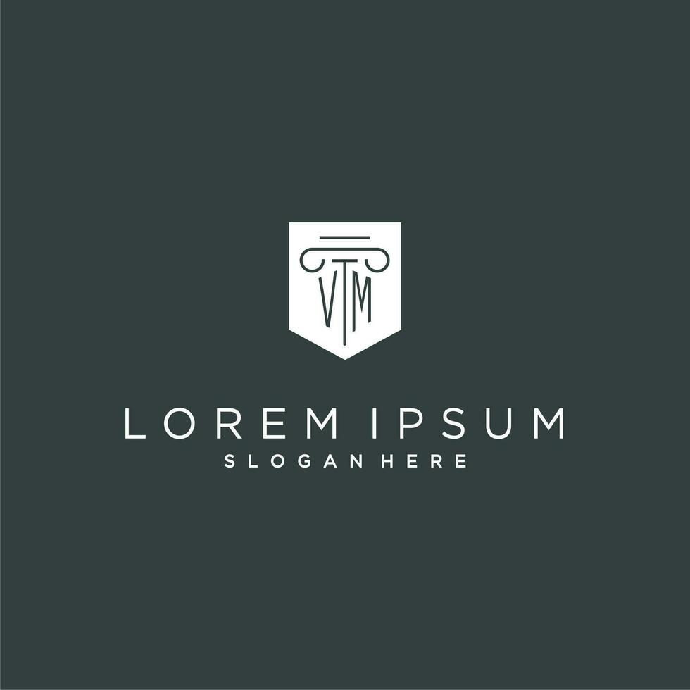 VM monogram with pillar and shield logo design, luxury and elegant logo for legal firm vector