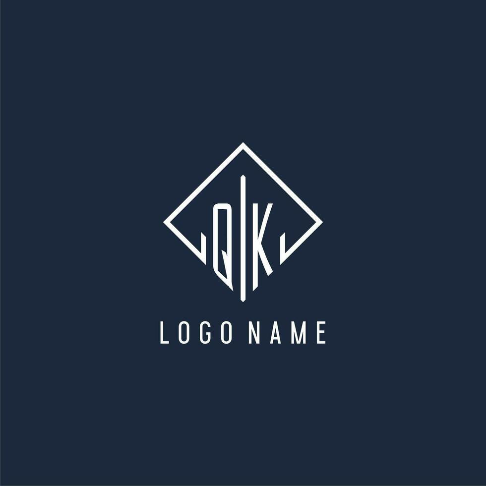 QK initial logo with luxury rectangle style design vector