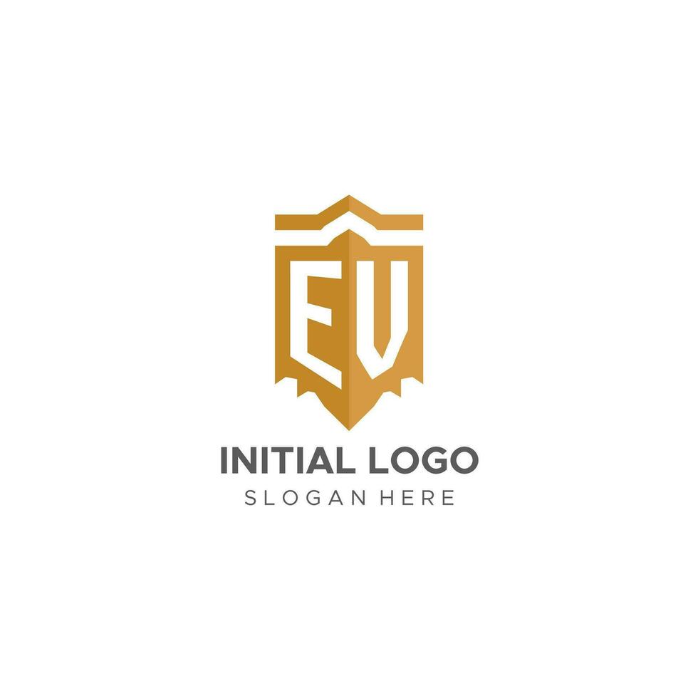 Monogram EV logo with shield geometric shape, elegant luxury initial logo design vector