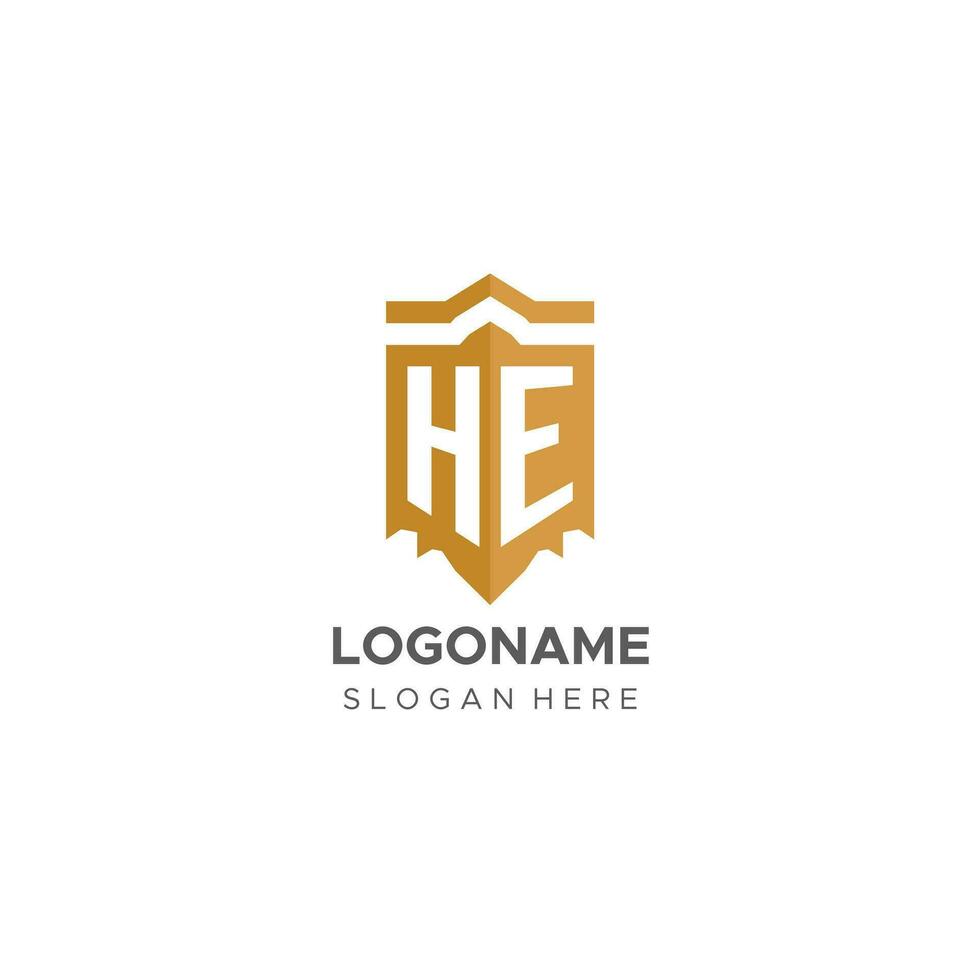Monogram HE logo with shield geometric shape, elegant luxury initial logo design vector