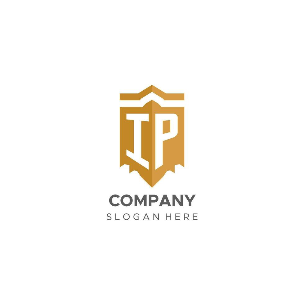 Monogram IP logo with shield geometric shape, elegant luxury initial logo design vector