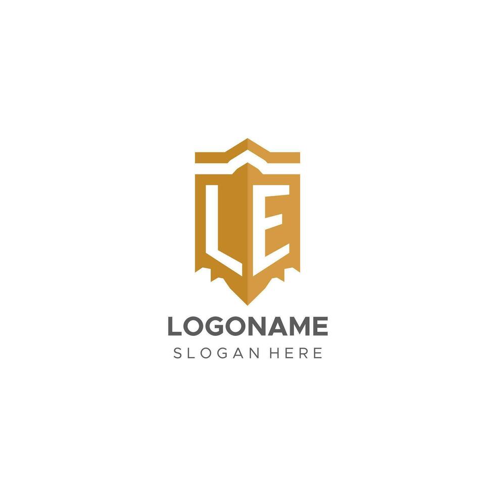 monograma le logo con proteger geométrico forma, elegante lujo inicial logo diseño vector