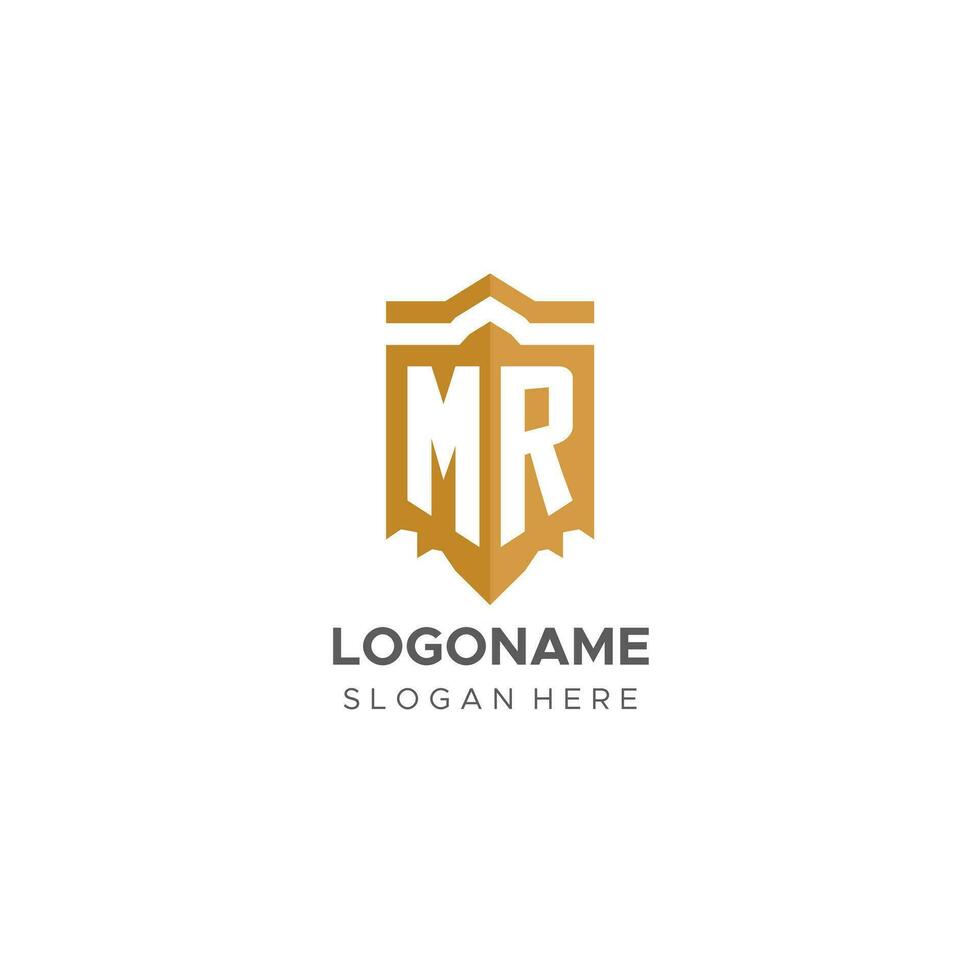 Monogram MR logo with shield geometric shape, elegant luxury initial logo design vector