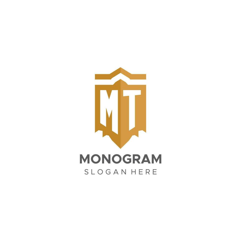 Monogram MT logo with shield geometric shape, elegant luxury initial logo design vector