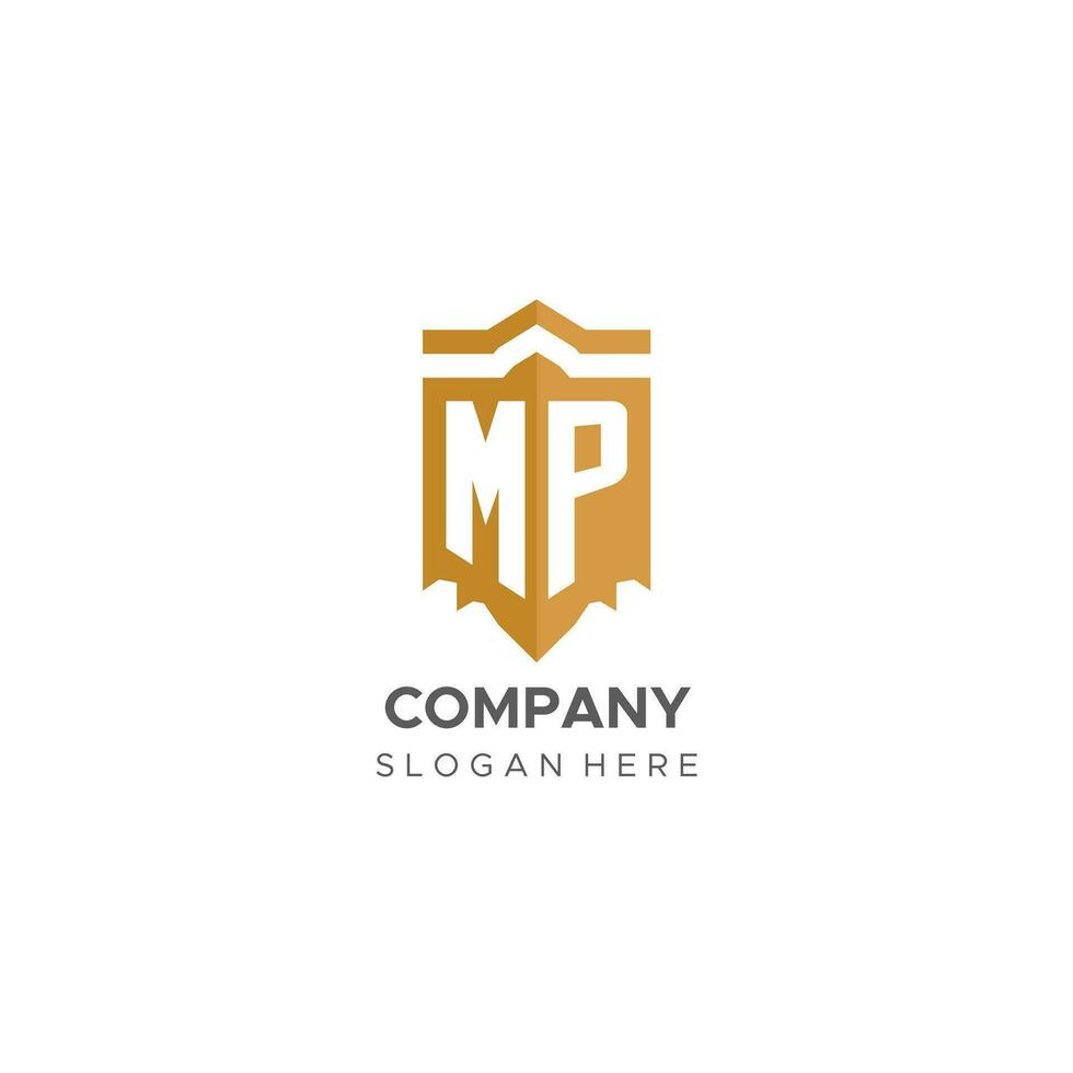 Monogram MP logo with shield geometric shape, elegant luxury initial logo design vector