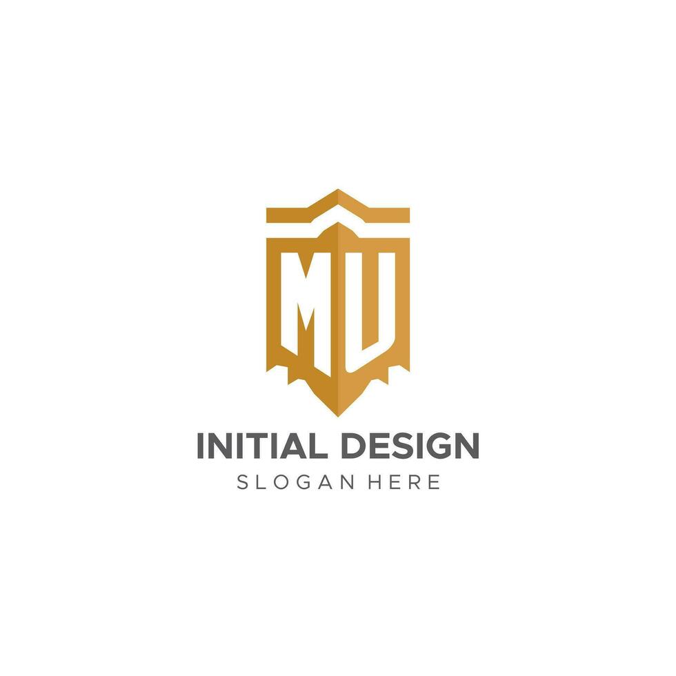 monograma mu logo con proteger geométrico forma, elegante lujo inicial logo diseño vector