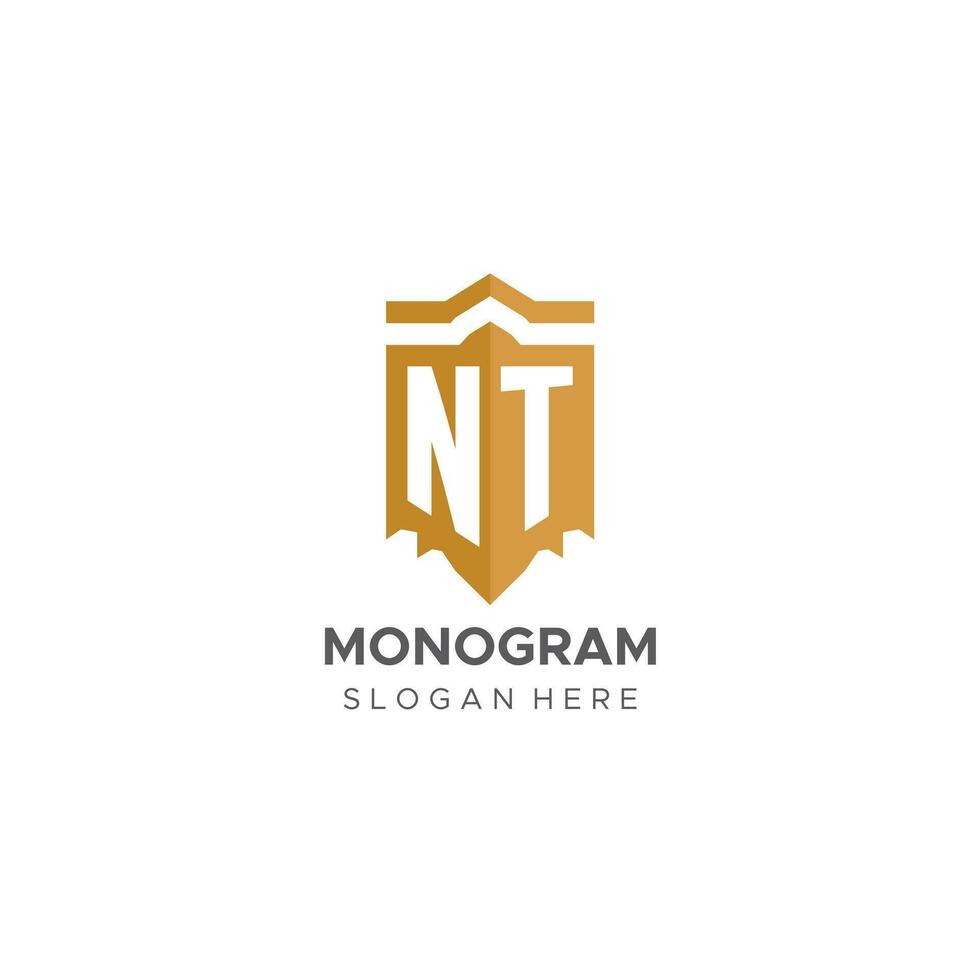 Monogram NT logo with shield geometric shape, elegant luxury initial logo design vector