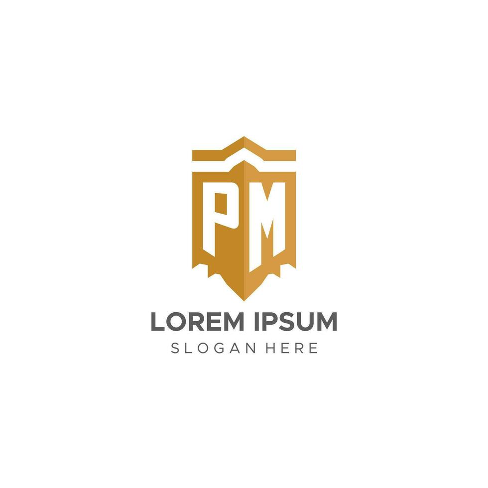 Monogram PM logo with shield geometric shape, elegant luxury initial logo design vector