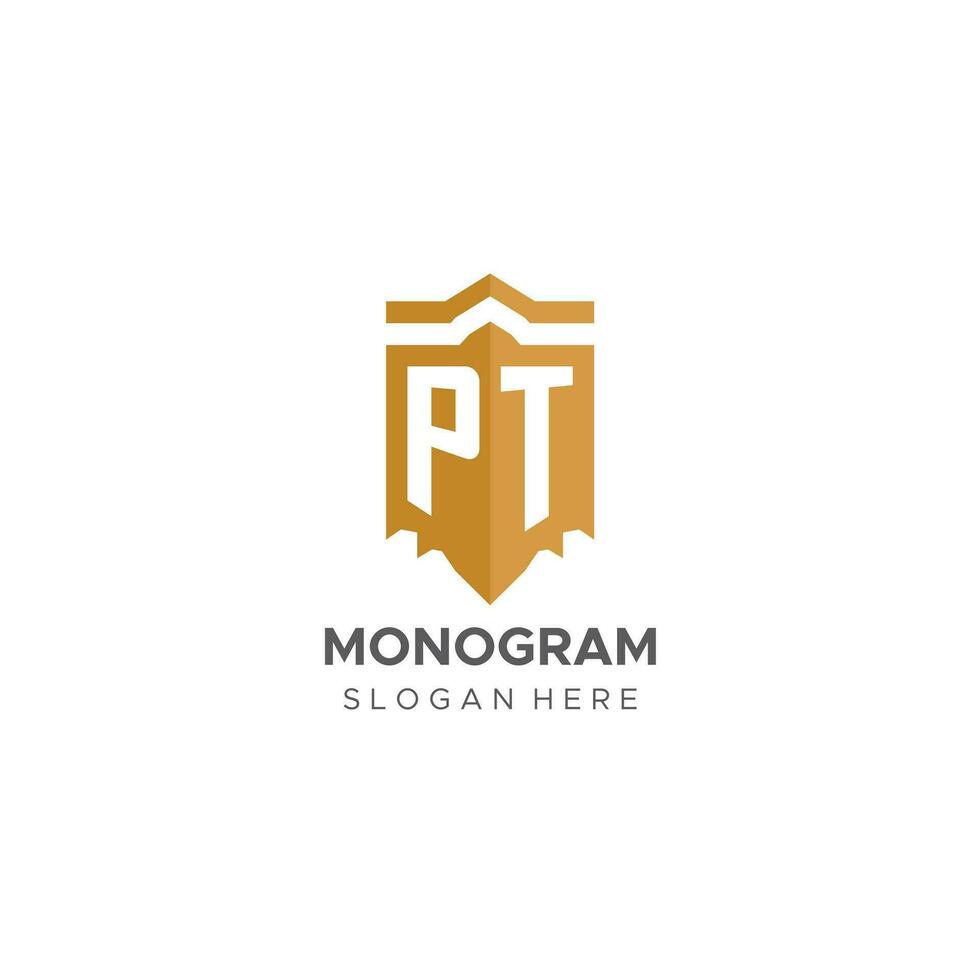 Monogram PT logo with shield geometric shape, elegant luxury initial logo design vector