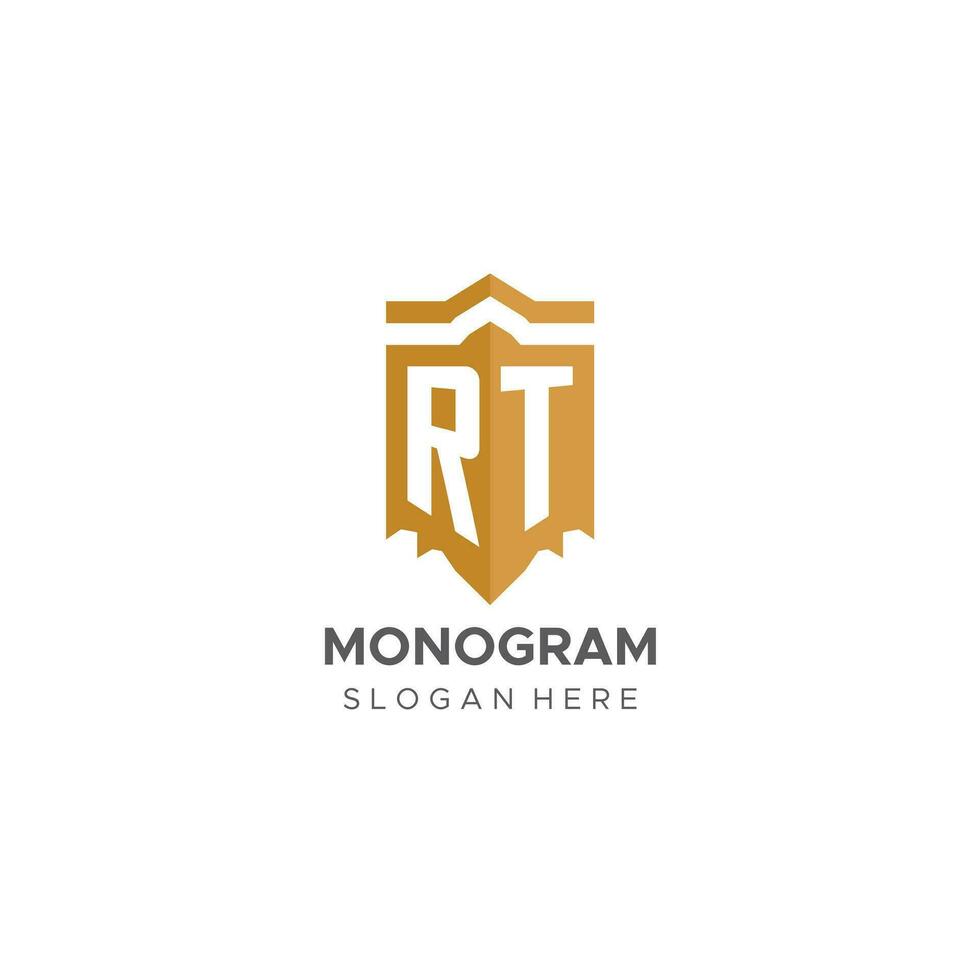 Monogram RT logo with shield geometric shape, elegant luxury initial logo design vector