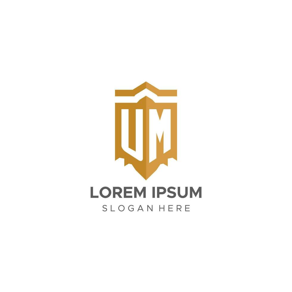 Monogram UM logo with shield geometric shape, elegant luxury initial logo design vector
