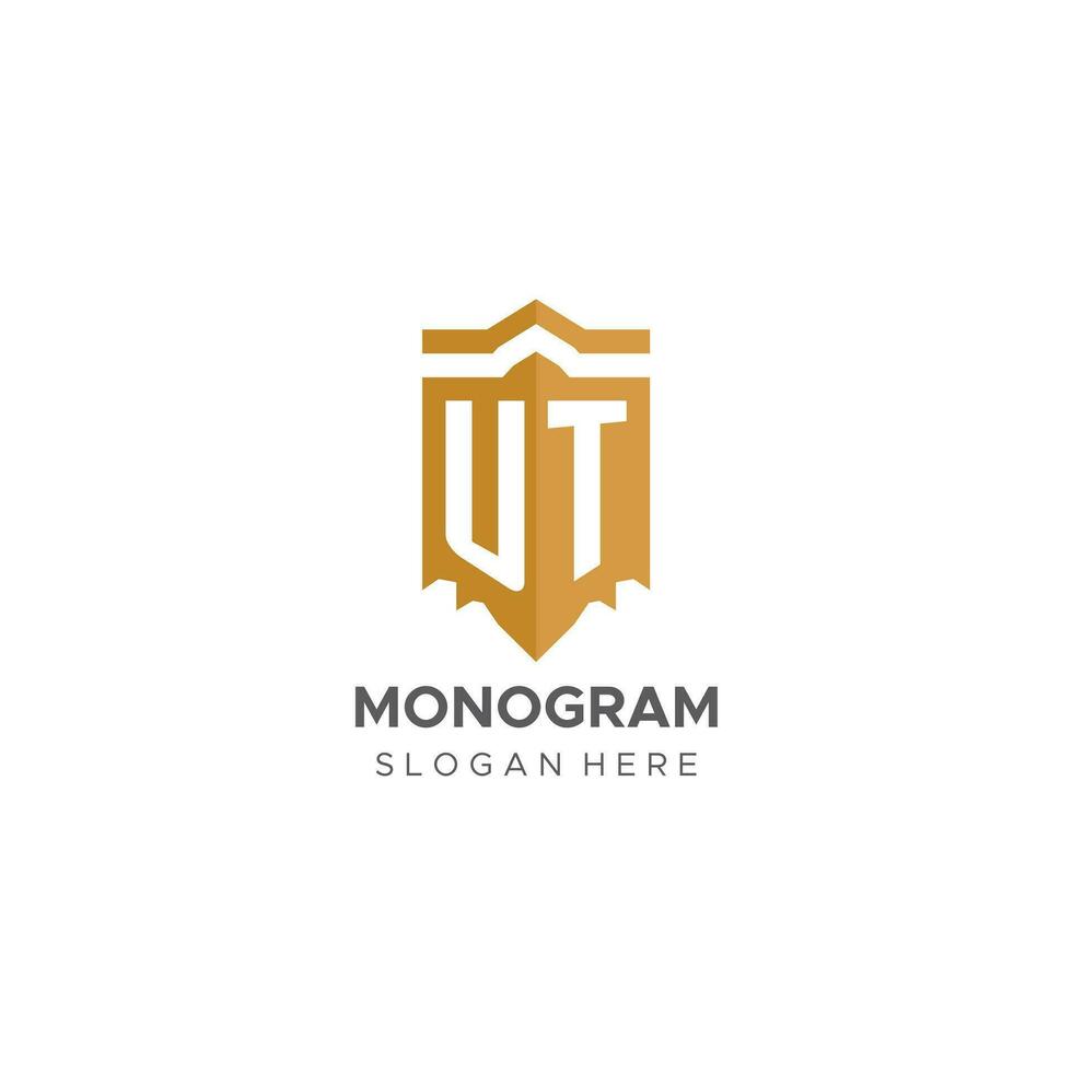 Monogram UT logo with shield geometric shape, elegant luxury initial logo design vector