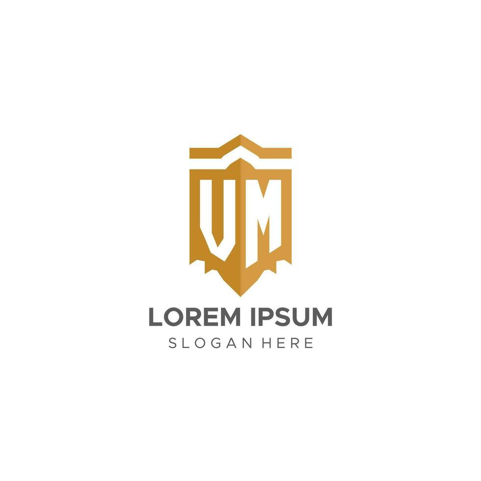 Monogram VM logo with shield geometric shape, elegant luxury initial logo design vector