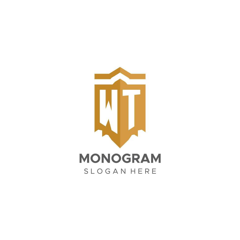Monogram WT logo with shield geometric shape, elegant luxury initial logo design vector