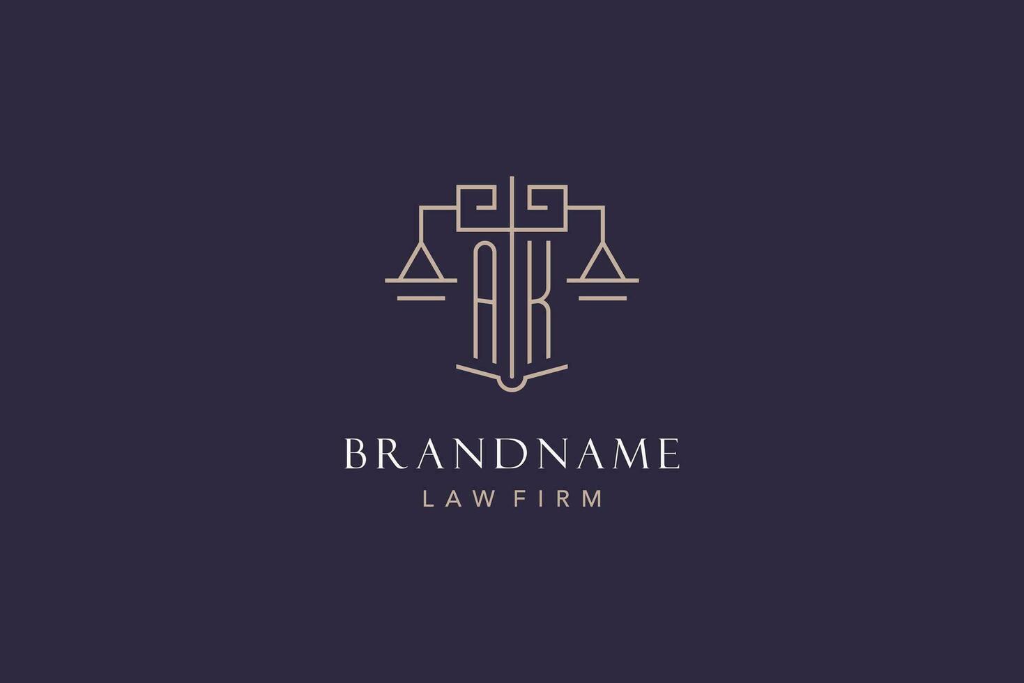 Initial letter AK logo with scale of justice logo design, luxury legal logo geometric style vector