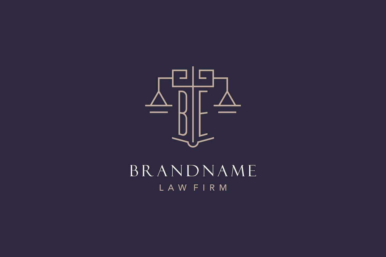 Initial letter BE logo with scale of justice logo design, luxury legal logo geometric style vector