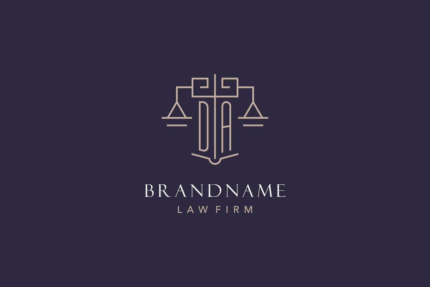 Initial letter DA logo with scale of justice logo design, luxury legal logo geometric style vector