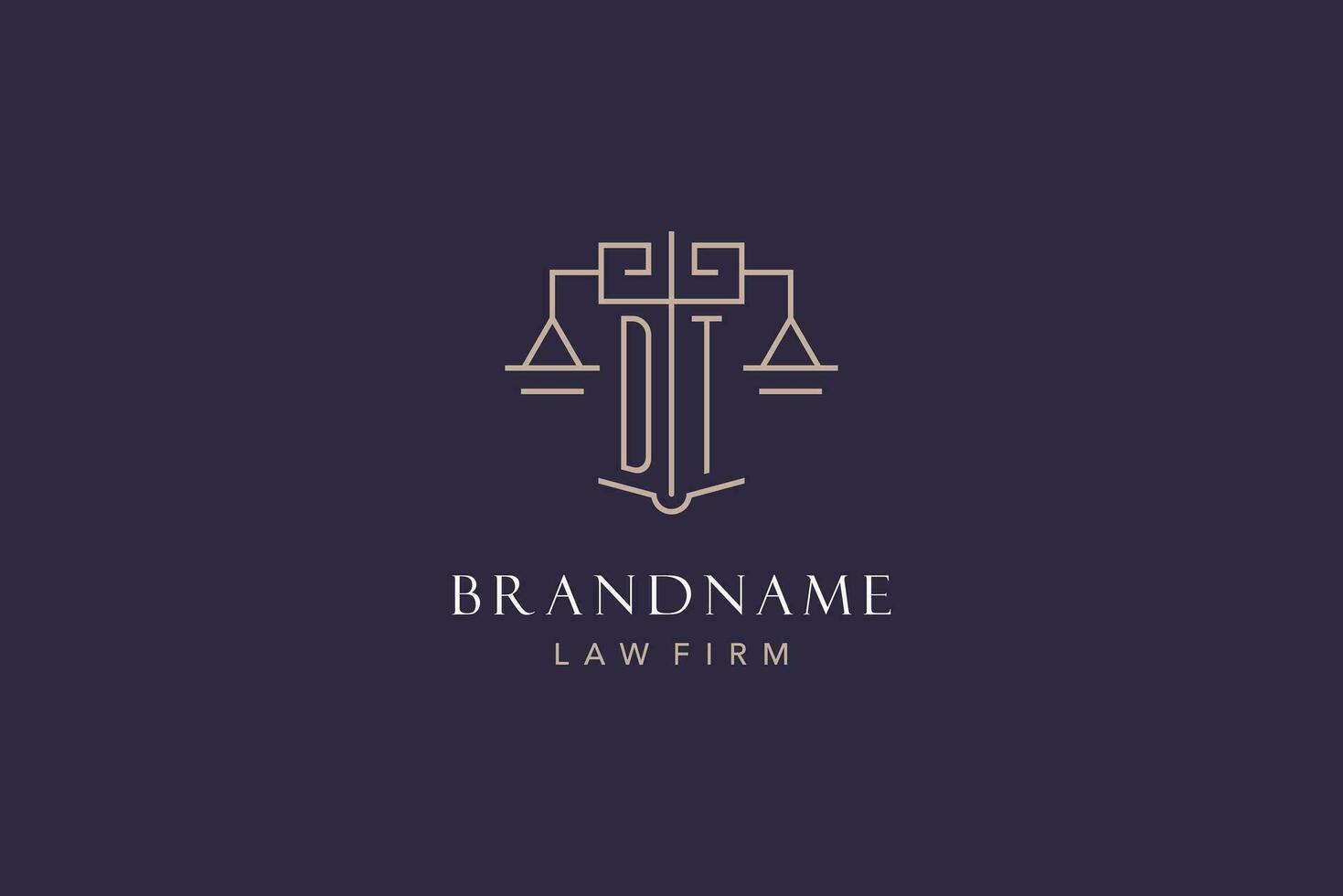 Initial letter DT logo with scale of justice logo design, luxury legal logo geometric style vector