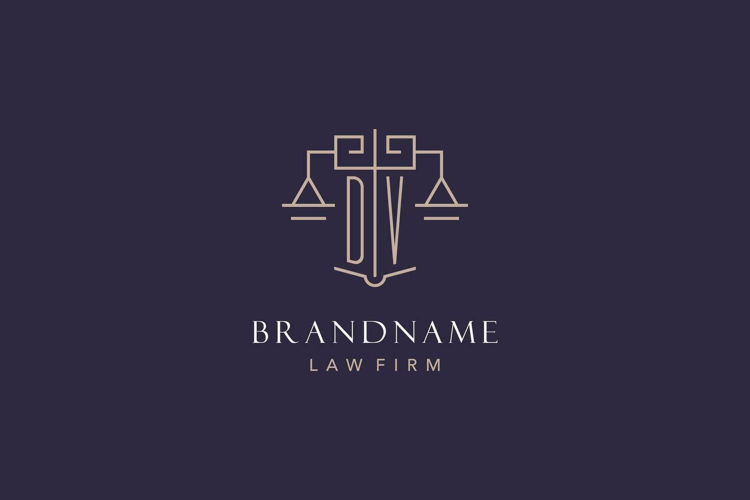 Initial letter DV logo with scale of justice logo design, luxury legal logo geometric style vector