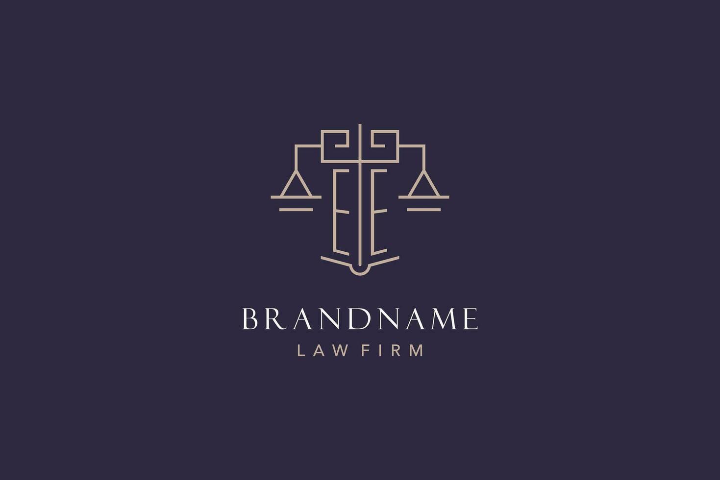 Initial letter EE logo with scale of justice logo design, luxury legal logo geometric style vector