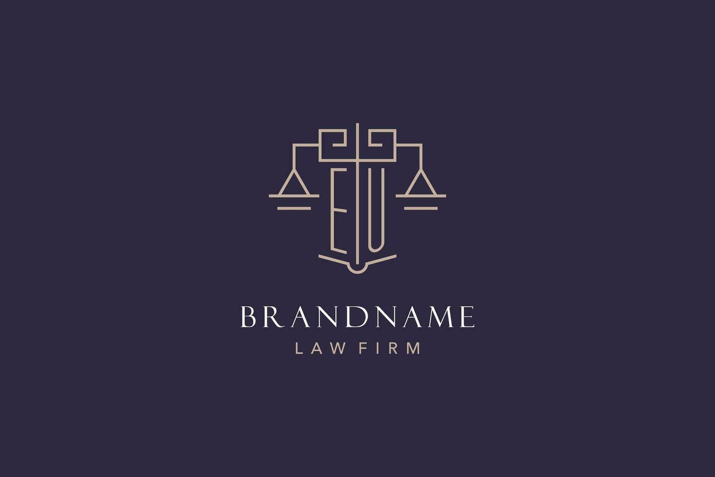 Initial letter EU logo with scale of justice logo design, luxury legal logo geometric style vector