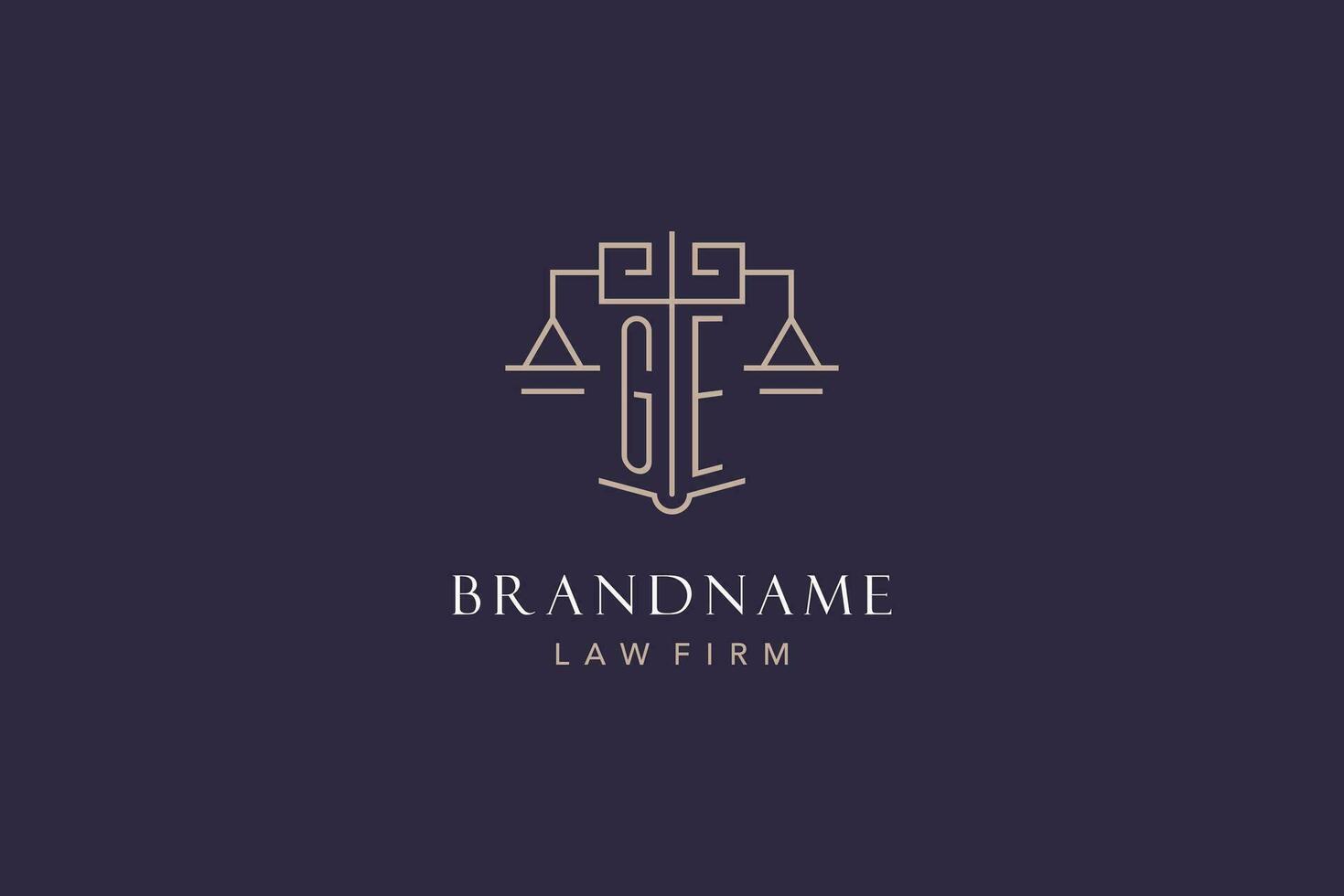 Initial letter GE logo with scale of justice logo design, luxury legal logo geometric style vector