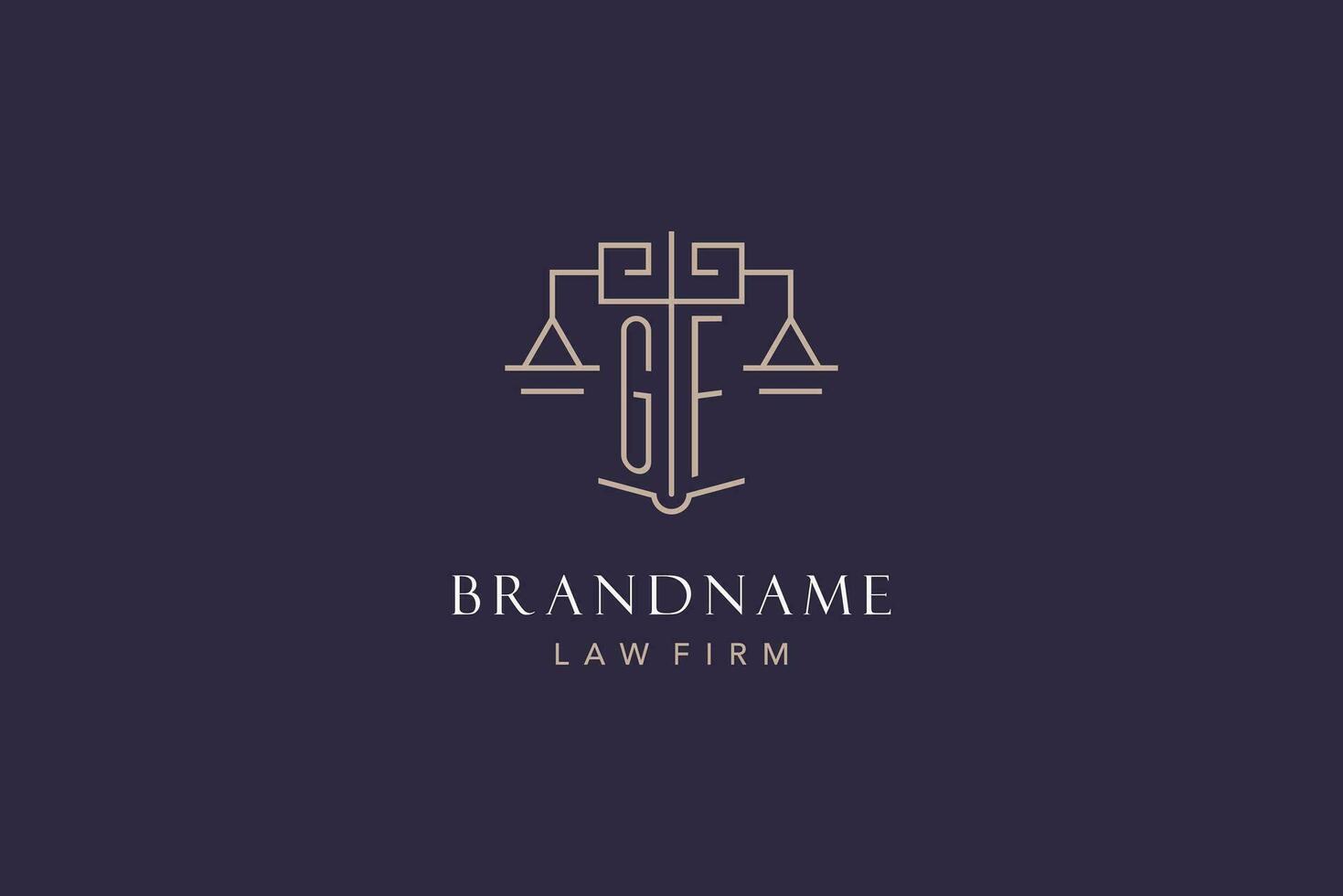 Initial letter GF logo with scale of justice logo design, luxury legal logo geometric style vector