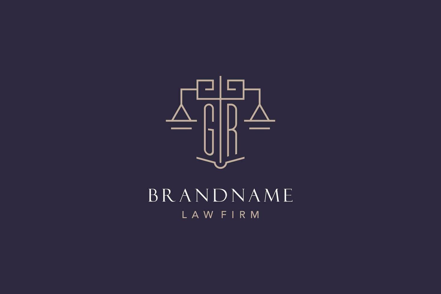 Initial letter GR logo with scale of justice logo design, luxury legal logo geometric style vector