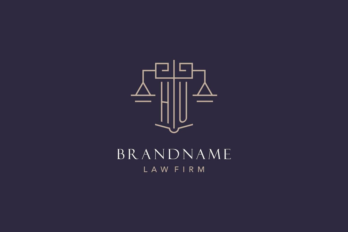 Initial letter HU logo with scale of justice logo design, luxury legal logo geometric style vector