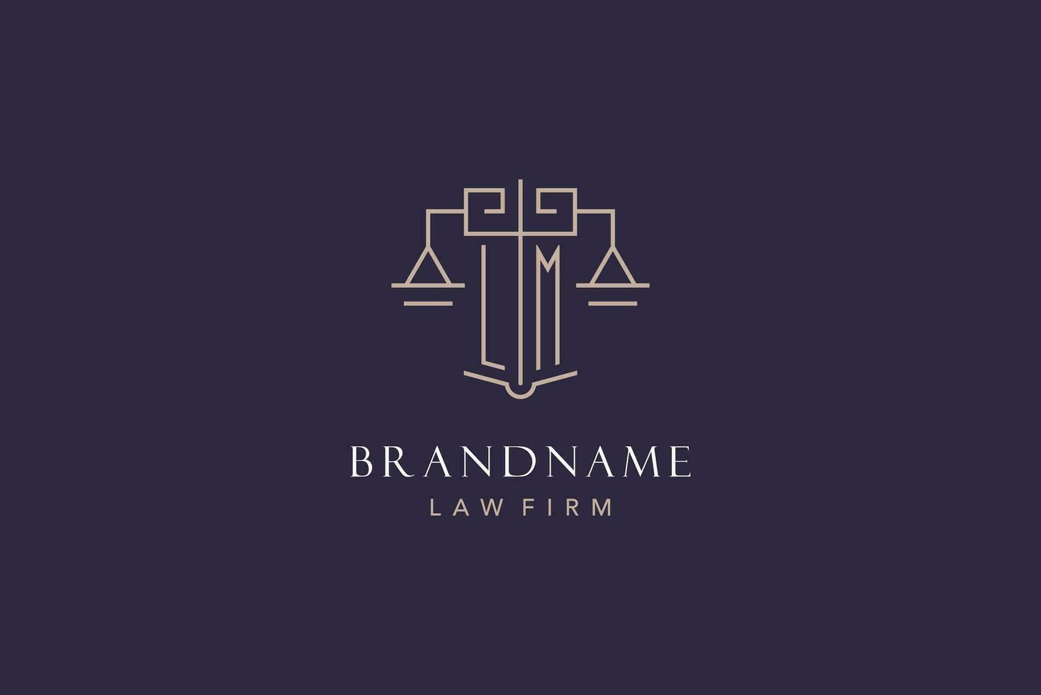 Initial letter LM logo with scale of justice logo design, luxury legal logo geometric style vector