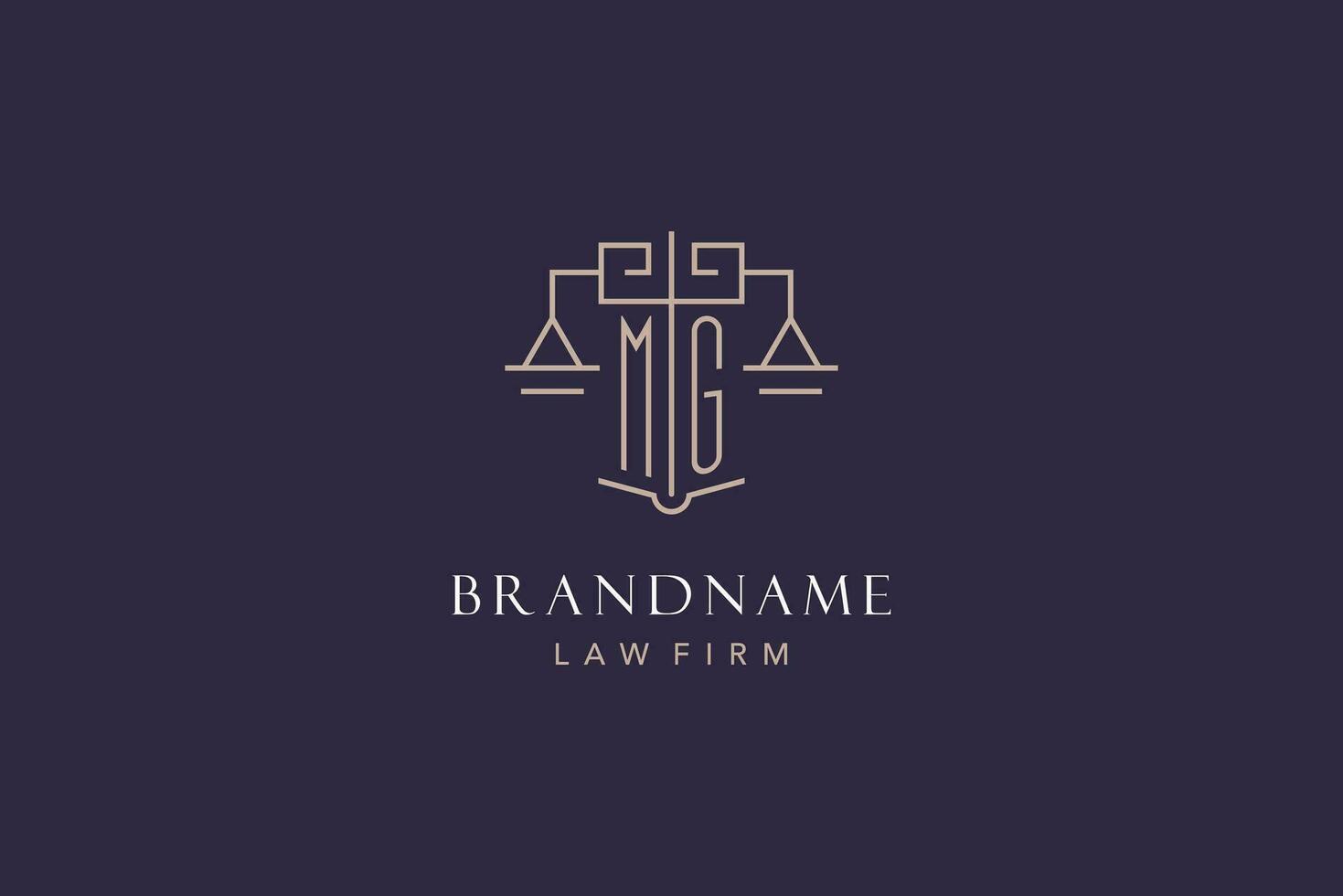 Initial letter MG logo with scale of justice logo design, luxury legal logo geometric style vector