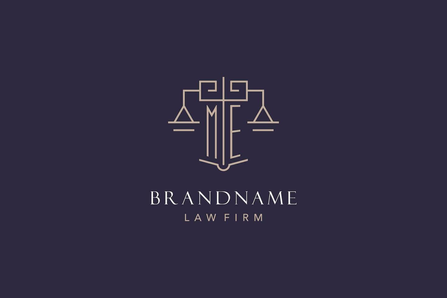 Initial letter ME logo with scale of justice logo design, luxury legal logo geometric style vector