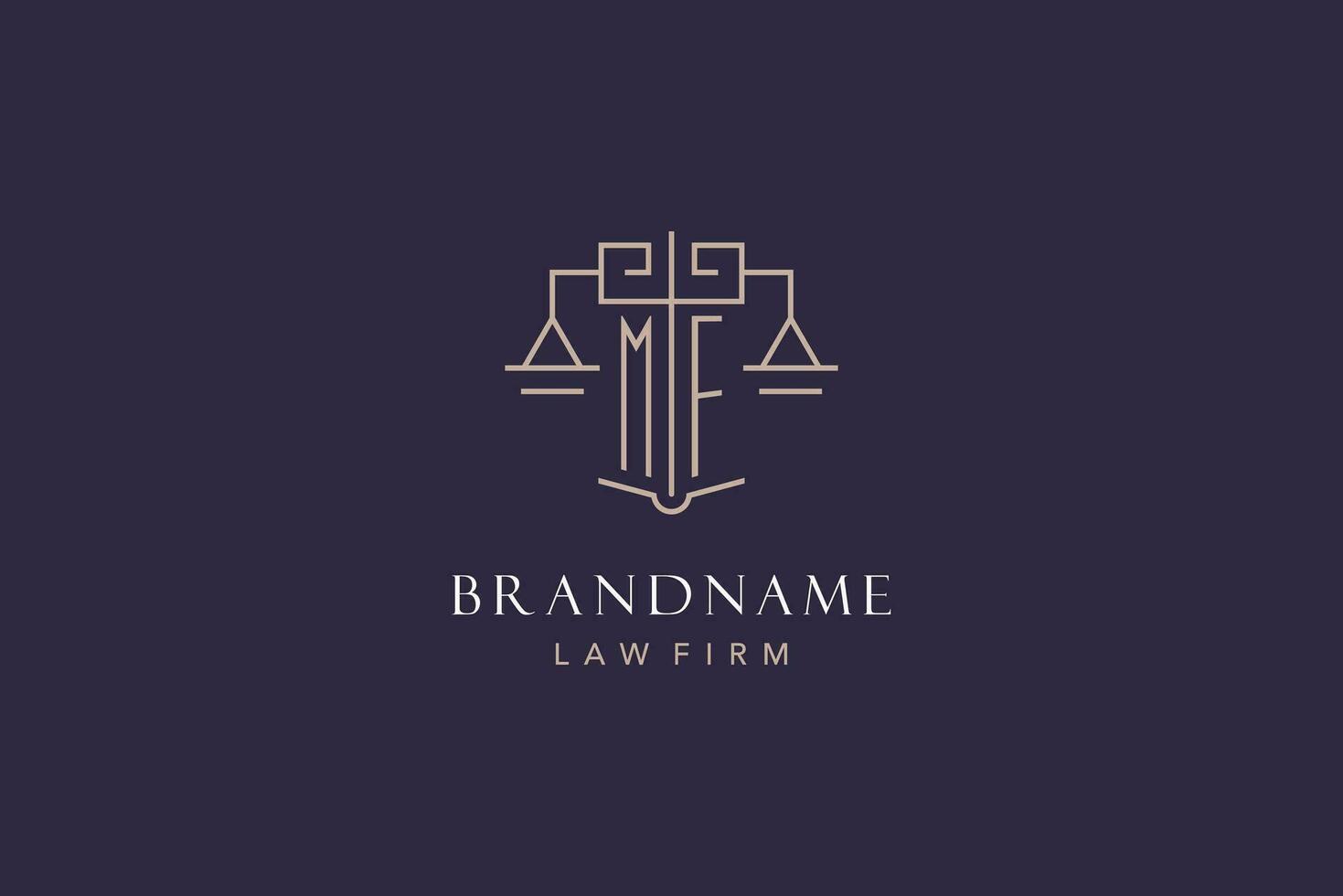 Initial letter MF logo with scale of justice logo design, luxury legal logo geometric style vector