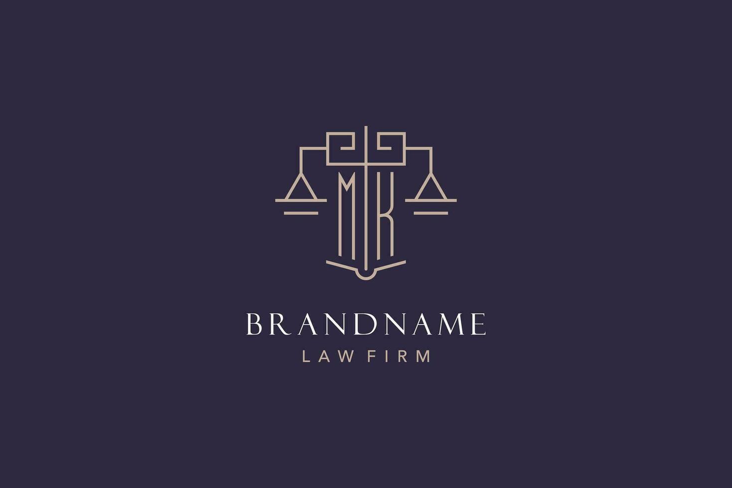 Initial letter MK logo with scale of justice logo design, luxury legal logo geometric style vector